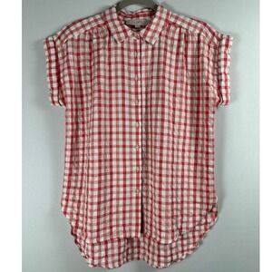 LOFT Button Down Top S Red Gingham Plaid Short Sleeve Tomato Girl Picnic Preppy